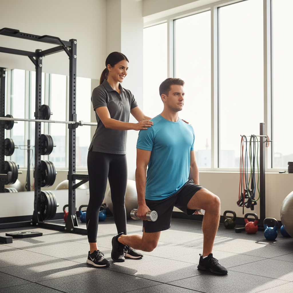 Physical therapist providing one-on-one strength-based rehabilitation to athlete in Valparaiso gym facility