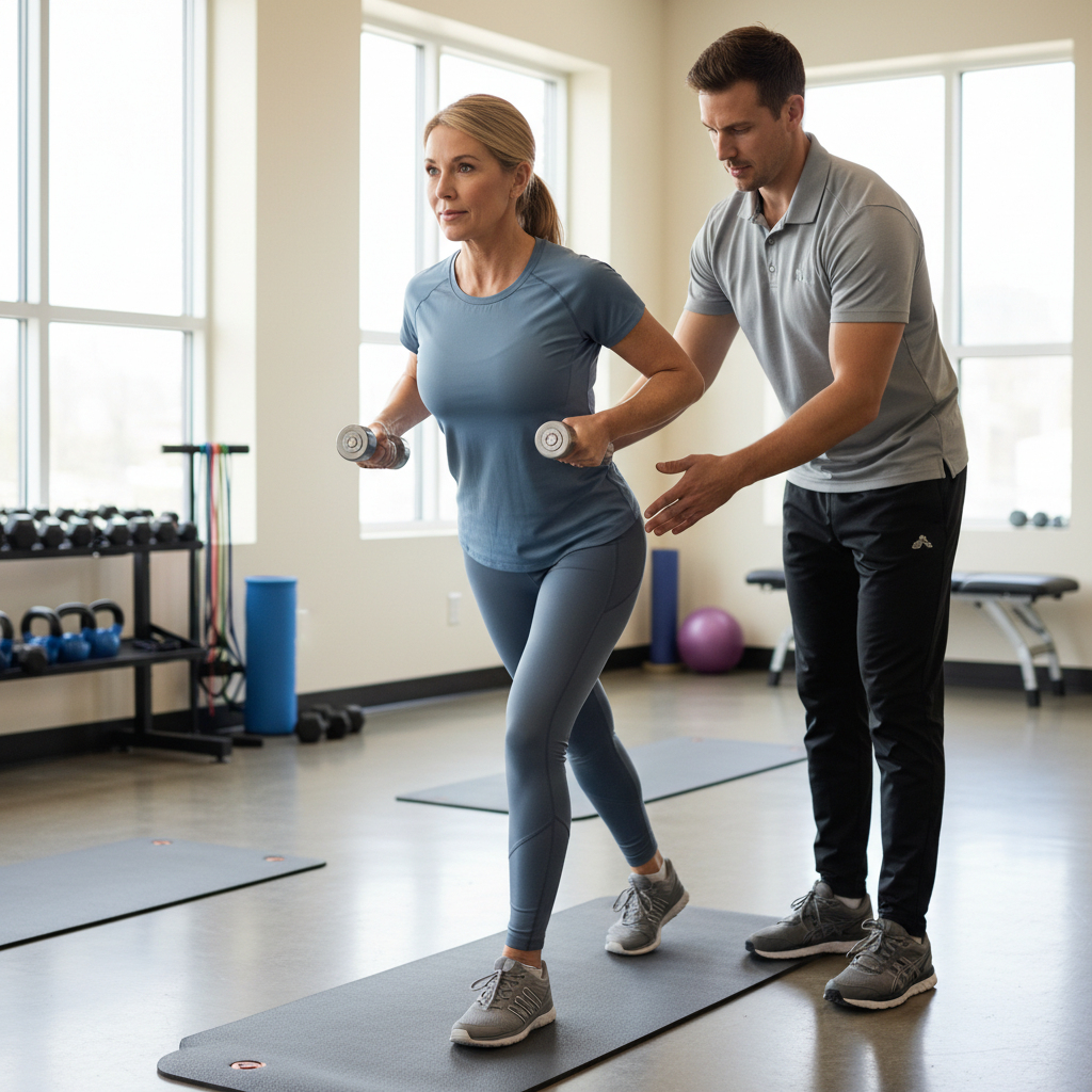 Active adult receiving personalized corrective exercise guidance during physical therapy session in Valparaiso