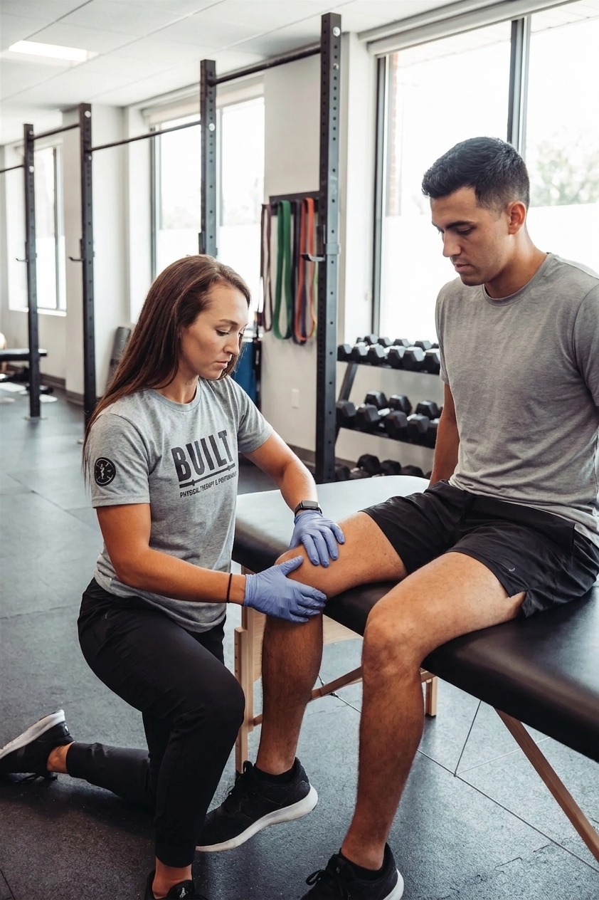 Patient working with a provider at a performance physical therapy clinic in Valparaiso, IN during a strength-based movement assessment