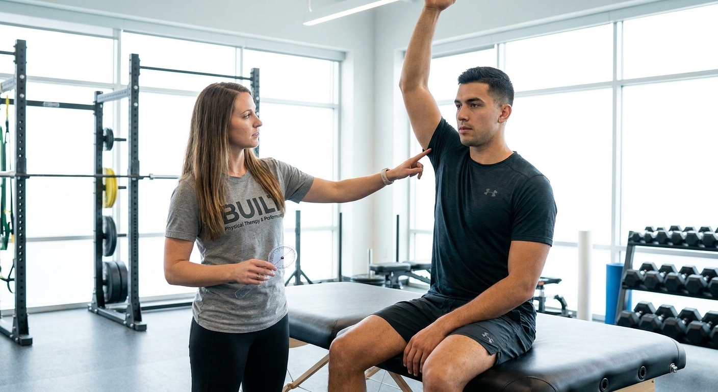 Patient working with a provider at a sports physical therapy clinic in Valparaiso, IN during a shoulder mobility assessment