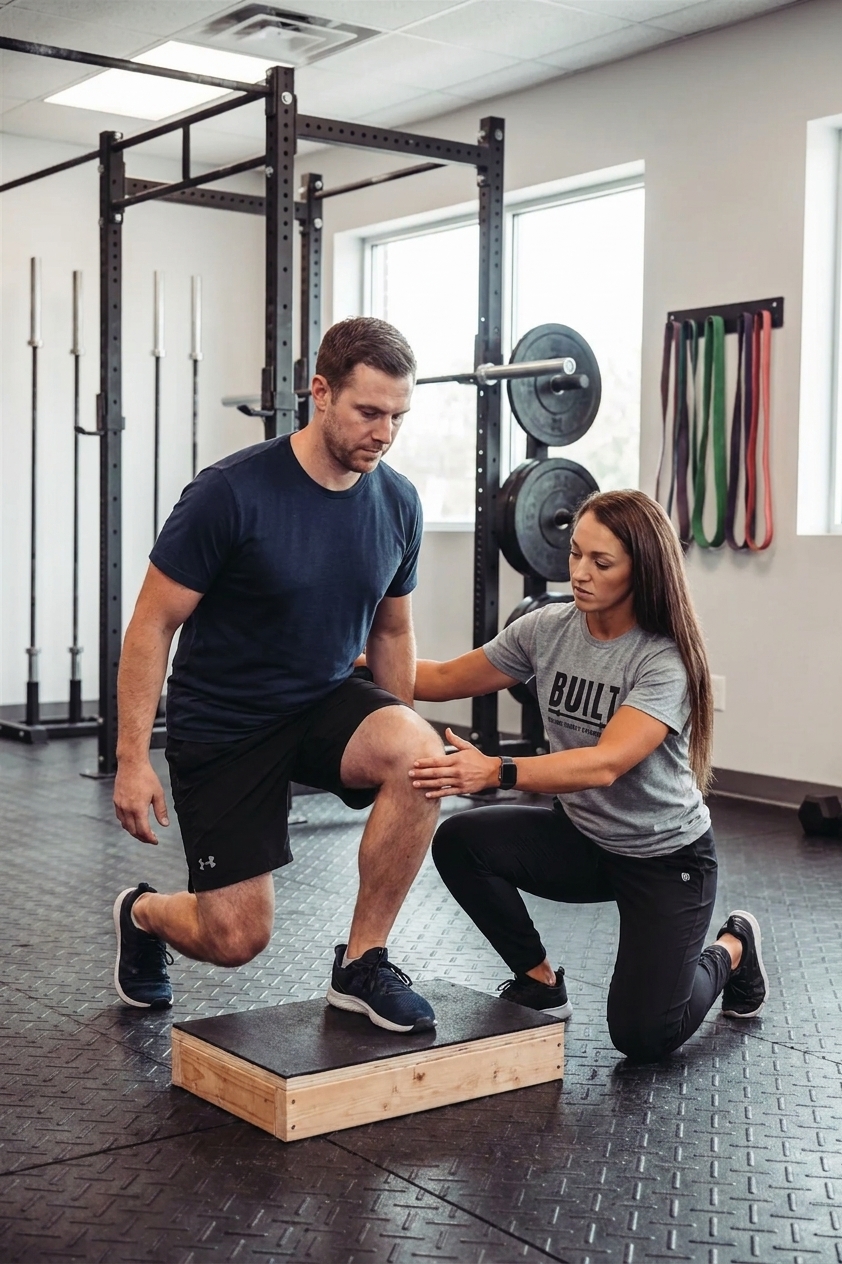 Patient working with a provider at a performance physical therapy clinic in Valparaiso, IN during a lower extremity strength exercise